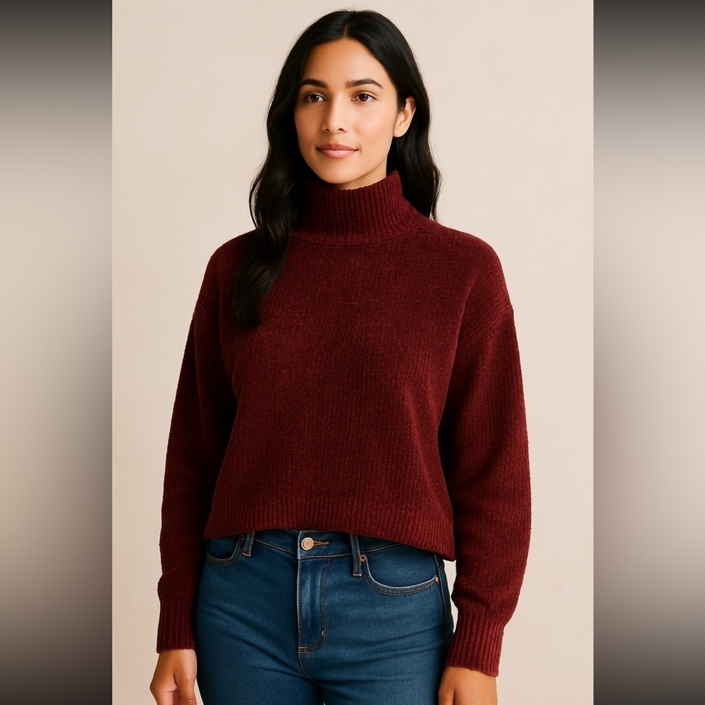 Forever 21 Chenille Maroon Mock Neck Crop Sweater - Size L - Picture 13 of 13